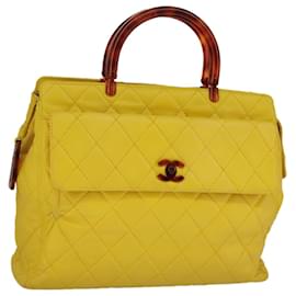 Chanel-CHANEL Matelasse Hand Bag Lamb Skin Yellow CC Auth 98431-Yellow