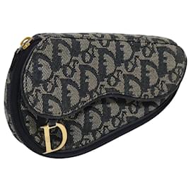 Christian Dior-Christian Dior Trotter Canvas Saddle Pouch Navy Gold Auth 98543-Golden,Navy blue