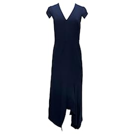 Roland Mouret- Roland Mouret Kinglake Midi Asymmetrical V-Neck Dress in Navy Blue Polyester-Blue,Navy blue