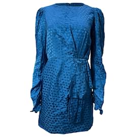 Autre Marque- Saloni Debbie Patterned Mini Ribbon Detail Dress in Blue Silk-Blue