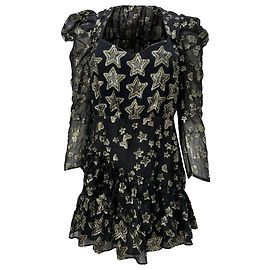 Loveshackfancy Mini-Kleid mit langen Ärmeln und Sternstickerei aus schwarzem Polyester Schwarz