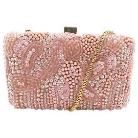 BOLSA CLUTCH DE COURO ROSA ELIE SAAB COM STRASS, LANTEJOULAS E PÉROLAS Rosa