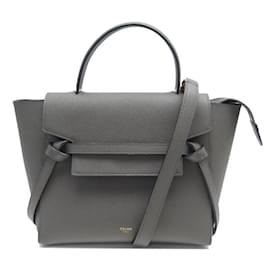 Céline-CELINE BELT MICRO 189153 GRAINED LEATHER GRAY SHOULDER BAG-Grey