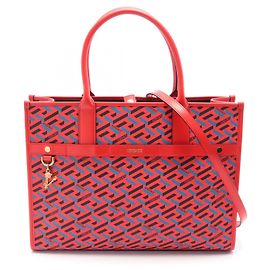 Versace La Greca PVC Coated Canvas Leather Tote Bag Red