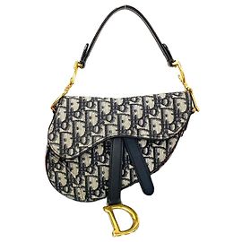 Christian Dior Saddle Bag Leather Canvas Navy Blue