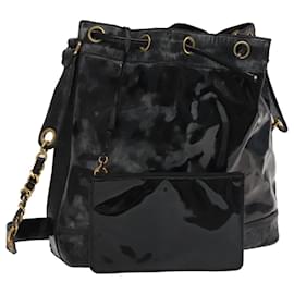 Chanel-CHANEL Shoulder Bag Enamel Black Gold CC Auth 97456-Black,Golden