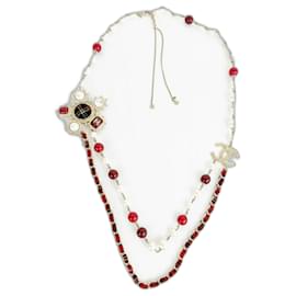 Chanel-Chanel 13A Paris-Edinburgh Double Strand Red Gold Large CC Tweed Pearl Necklace Belt-Dark red,Gold hardware
