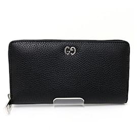 Gucci-GUCCI Leather Zip Around Wallet-Black,Silvery