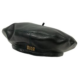 Christian Dior Black Leather Beret Black