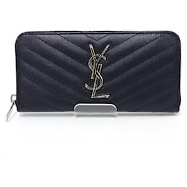 Saint Laurent-Saint Laurent Monogram Full Zip Long Wallet-Silvery,Navy blue