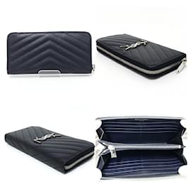 Saint Laurent-Saint Laurent Monogram Full Zip Long Wallet-Silvery,Navy blue