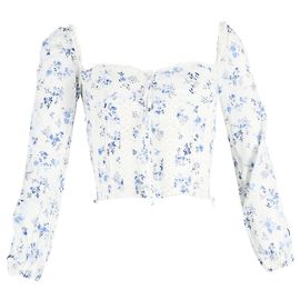 Top cropped de manga longa em algodão branco com estampa floral Reformation Branco
