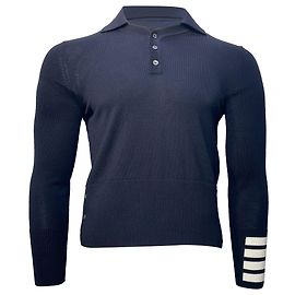 Thom Browne 4-Bar Langarm-Polo-Shirt aus marineblauer Merinowolle Blau Marineblau