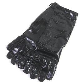 Versace Leather Lamb Crocodile Embossed Long Gloves Black