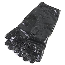 Versace-Versace Leather Lamb Crocodile Embossed Long Gloves-Black