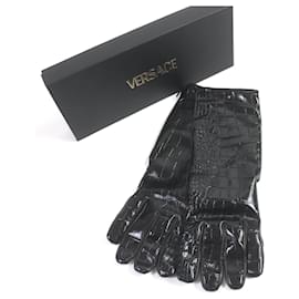 Versace-Versace Leather Lamb Crocodile Embossed Long Gloves-Black