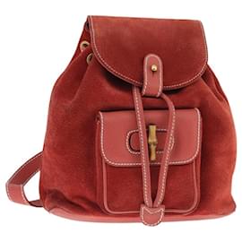 Gucci-GUCCI Bamboo Backpack Suede Red Gold 003 2058 0030 Auth ep6551-Red,Golden