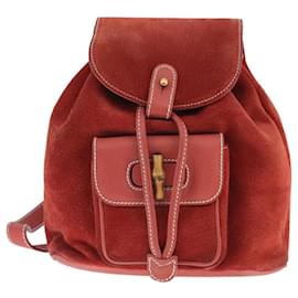Gucci-GUCCI Bamboo Backpack Suede Red Gold 003 2058 0030 Auth ep6551-Red,Golden