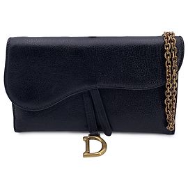 Dior Christian Black Leather WOC Wallet on Chain Small Saddle Bag Black