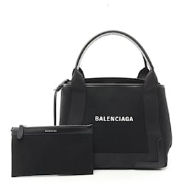Balenciaga-Balenciaga Navy Cabas S Canvas Leather Tote Bag-Black