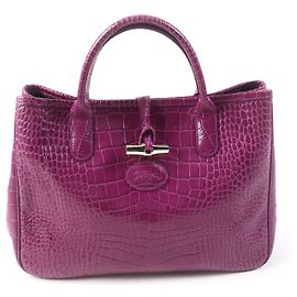 Bolsa tote em couro com estampado de crocodilo Longchamp Rozo Roxo