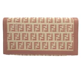 Fendi-Fendi Zucchino Canvas Leather Long Wallet-Pink,Beige