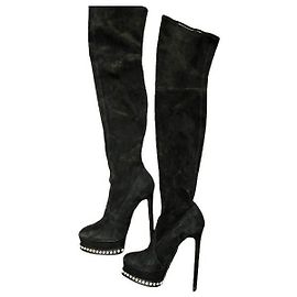 Botas Cano Altas Casadei Pretas de Couro e Camurça Preto