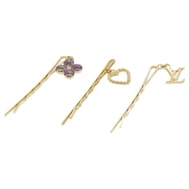 Louis Vuitton-LOUIS VUITTON Hairpin metal 3Set Gold LV Auth 98225-Golden