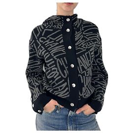 Chanel cardigan en cachemire à capuche Noir Gris Gris anthracite Bijouterie argentée