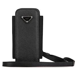 Prada-Prada Saffiano Logo Plate Phone Case with Strap-Black