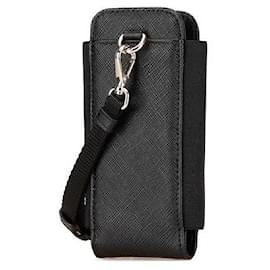 Prada-Prada Saffiano Logo Plate Phone Case with Strap-Black