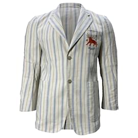 Gucci-Gucci Striped Embroidered Blazer in Blue and White Silk and Linen Blend-Blue,Light blue