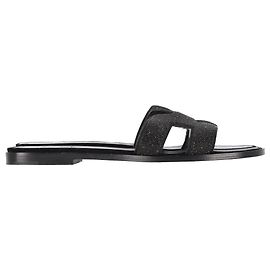 Hermès Oran glitzernde Slipper-Flats aus schwarzem Leder Schwarz
