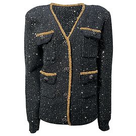 Self portrait  Self-Portrait Embellished Single-Breasted Tweed Jacket in Black Polyester  Black
