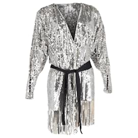 Autre Marque- Rotate Birger Christensen Samantha Sequined Mini Wrap Dress in Silver Polyester-Silvery,Metallic