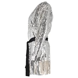 Autre Marque- Rotate Birger Christensen Samantha Sequined Mini Wrap Dress in Silver Polyester-Silvery,Metallic