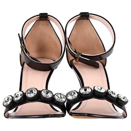 Céline- Celine Crystal Embellished Ankle Strap Sandal Heels in Black Leather-Black