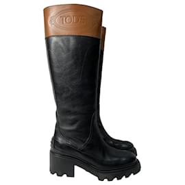 Tod's-Tod's Two-Tone Knee Boots in Black Leather-Brown