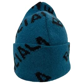 Balenciaga-Gorro de lã azul com logo Balenciaga em toda a superfície-Azul,Azul marinho