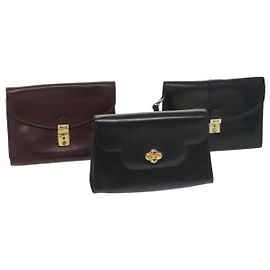 BALLY Clutch Bag Leather 3Set Black Auth ti2300 Black