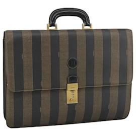 Fendi-FENDI Pecan Canvas Business Bag PVC Leather Brown Black Gold Auth ti2321-Brown,Black,Golden