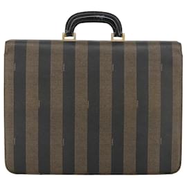 Fendi-FENDI Pecan Canvas Business Bag PVC Leather Brown Black Gold Auth ti2321-Brown,Black,Golden