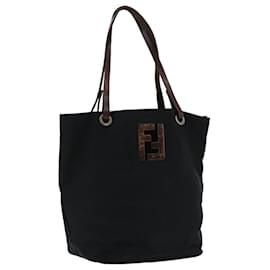 Fendi-FENDI Hand Bag Nylon Leather Black Brown Silver Auth ti2337-Brown,Black,Silvery