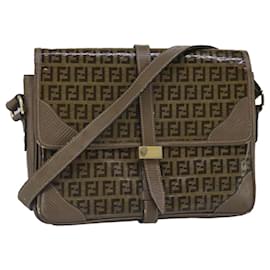 Fendi-FENDI Zucchino Canvas Shoulder Bag Coated Canvas Brown Auth ti2323-Brown