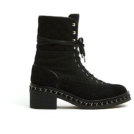 Botas Chanel Ankle EU39 Preto Lã Tweed e Corrente Combat Boots UK6 US8.5 Preto