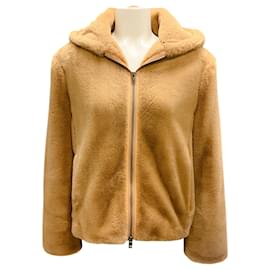Vince Tan Kapuzenjacke mit Reißverschluss aus Kunstfell Kamel