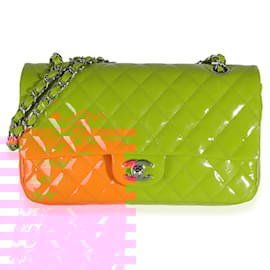 Chanel-Chanel Orange Quilted Patent Medium Classic Double Flap Bag-Orange