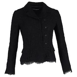 Dolce & Gabbana- Dolce & Gabbana Lace Detail Double-Breasted Blazer in Black Cotton-Black