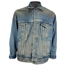 Balenciaga- Balenciaga Signature Logo Print Faded Jacket in Blue Cotton Denim-Blue