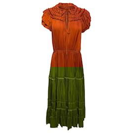 Ulla Johnson-Ulla Johnson Isadora Tiered-Sleeve Satin Plisse Midi Dress in Orange Polyester-Orange
